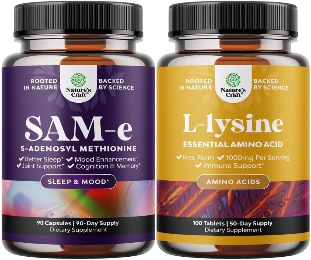 Bund puhta SAM E lisa 150mg - Nootroopne sama 150mg ühe serveerimise mälu ja aju tugi ja L lüsiin 1000mg vaba vorm - L-lüsiini lisa silma tervise huulehoolduse kollageeni süntees