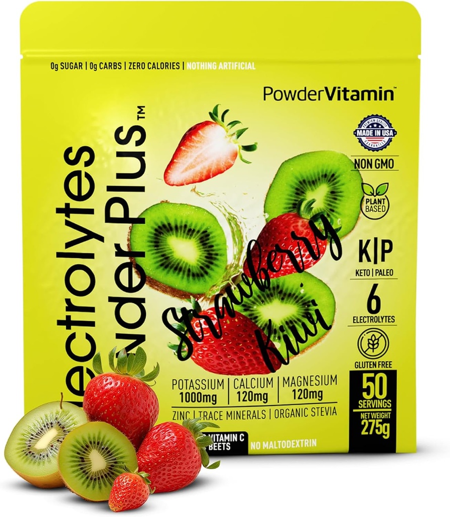 Elektrolüüdid Pulber Plus (50 Servings), 0 kalorit Keto, 0 Suhkur, Ei Maltodekstriini,1000mg Kaalium, 120mg Kaltsium, 120mg Magneesium, Hüdraadipulber (50 Servings, Maasikas Kiwi)