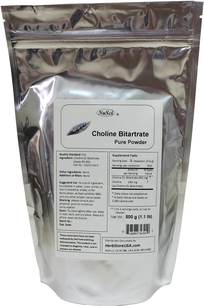Koliin DL - Bitartraat Puhas pulber 500 g (1, 1 naela, 17, 6 oz) Nutikas toitaine