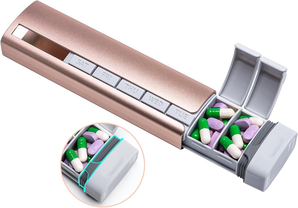 Daviky Metal Travel Pill Korraldaja, Premium Alumiinium Pill Box 7 Day, Weekly Daily Pill Case, Stiilne & Cute Pill Hoidja ravimid, toidulisandid ja vitamiinid (Pink + Gray)