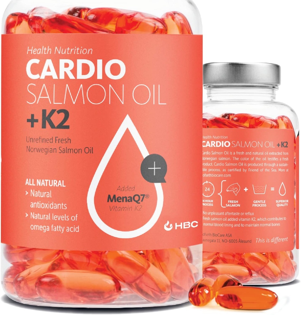 Kõrge tugevusega omega 3 kalaõli vitamiiniga K2-1000mg, Norra lõheõli, EPA & DHA, Burpless, Omega 3 rasvhapete täiendus silmadele, ajule, südamele ja immuunsusele - 90 kapslit - kardio