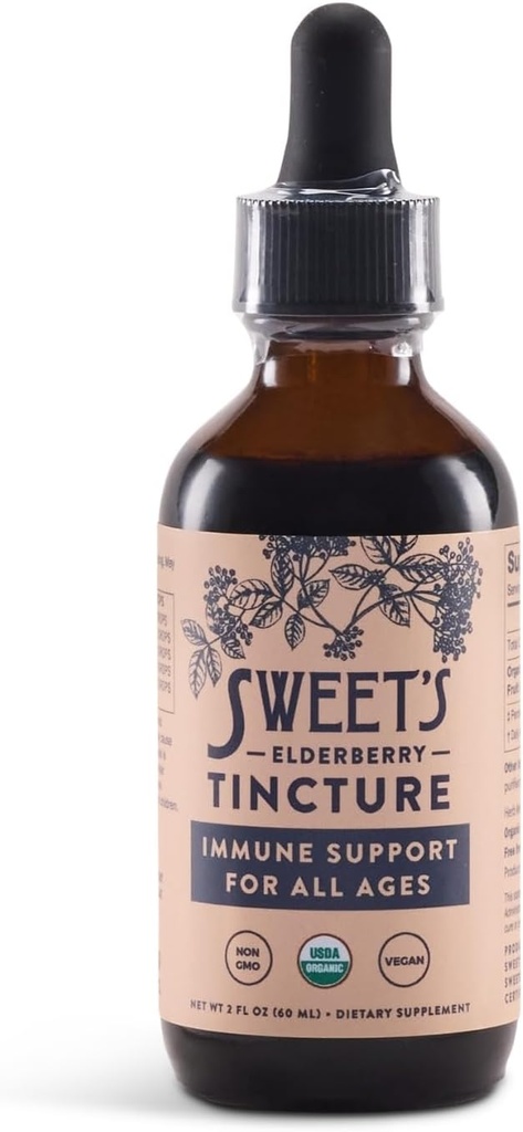 Sweet's Elderberry Tincture | USDA Organic | Alkoholivaba | Black Elderberry | Immune Support igas vanuses | Travel-Friendly 2 oz pudel Dropper | Vegan | Keto | Non-GMO | Unsweetened