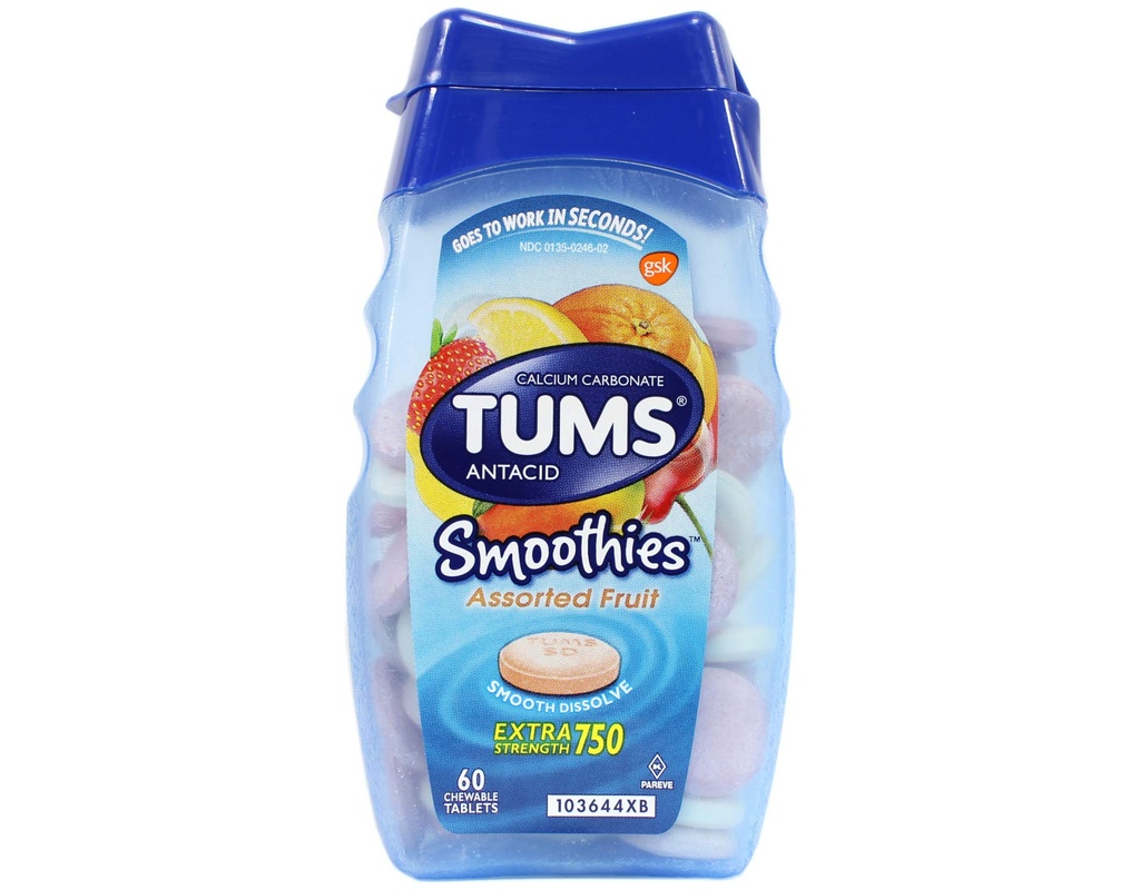 TUMS Smoothies Smooth Dissolving Antacid/Calcium Supplement Chewables-Assorted Fruit-60 ct. (Quantity of 5)