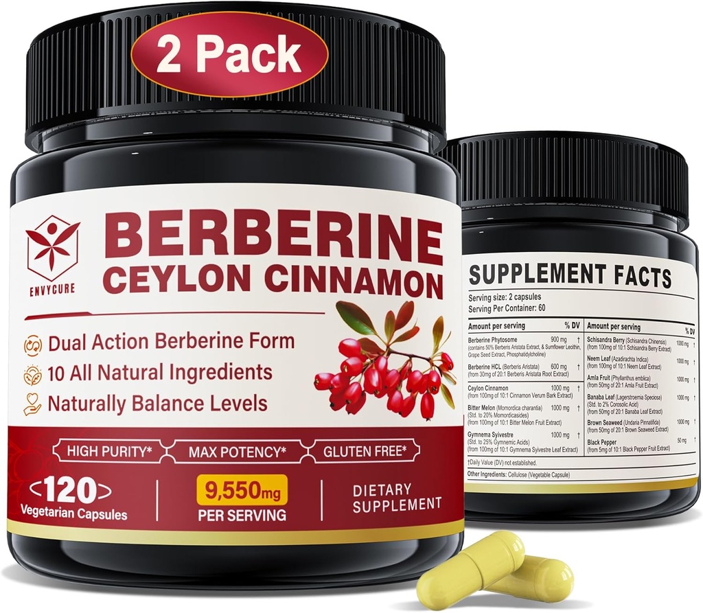 Berberine Supplement 1500mg koos Ceylon Cinnamon, Bitter Melon, Banana Leaf & Botaaniline ekstrakti Immune Support & Body Management, 10-in-1 valem Berberine HCL, Non-GMO, 240 Veggie kapslid