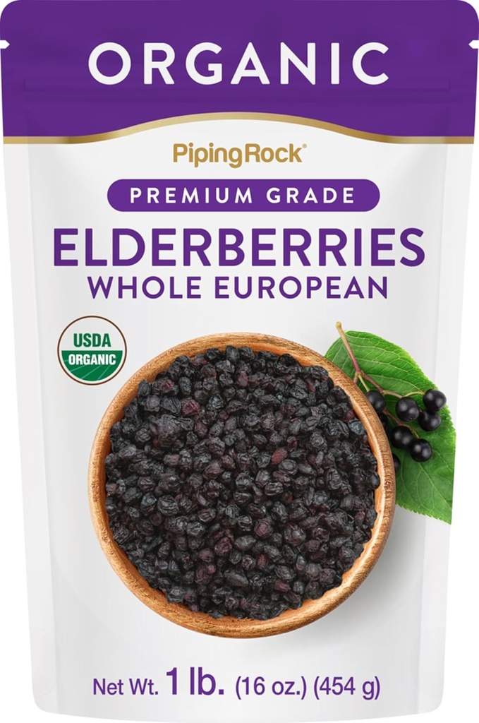 Piping Rock Elderberries Kuivatatud Orgaaniline | 1lb Bulk Supplement | Euroopa Terved Marjad | Taimetoitlane, Mitte-GMO, Gluteenivaba
