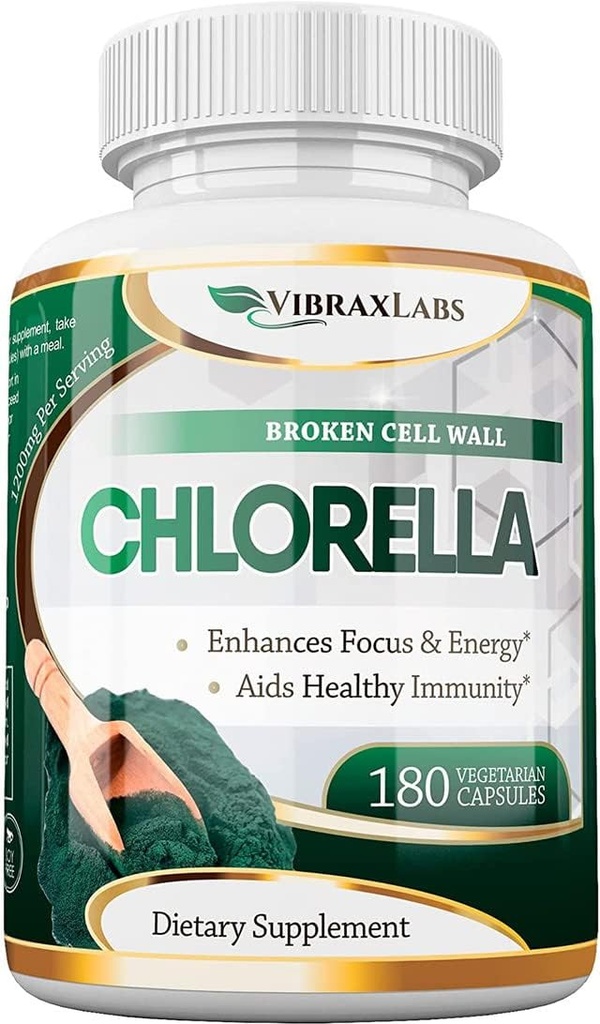 VibraxLabs Chlorella kapslid - Broken Cell Wall 600 mg Veggie Pills (1200 mg Serving) - Protein Powder Supplement looduslikuks detoksifikatsiooniks, Parim Spirulina, Ei Järelmaitse, Valmistatud USA-s