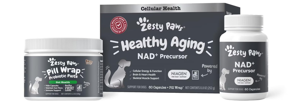 Zesty Paws NAD + Prekursori täiendus koertele - Niagen tervislikuks vananemiseks ja skeletilihaste toetamiseks ja taastumiseks - aju, süda ja rakuenergia tugi - nikotiinamiid Riboside Chloride - 60 kapslit