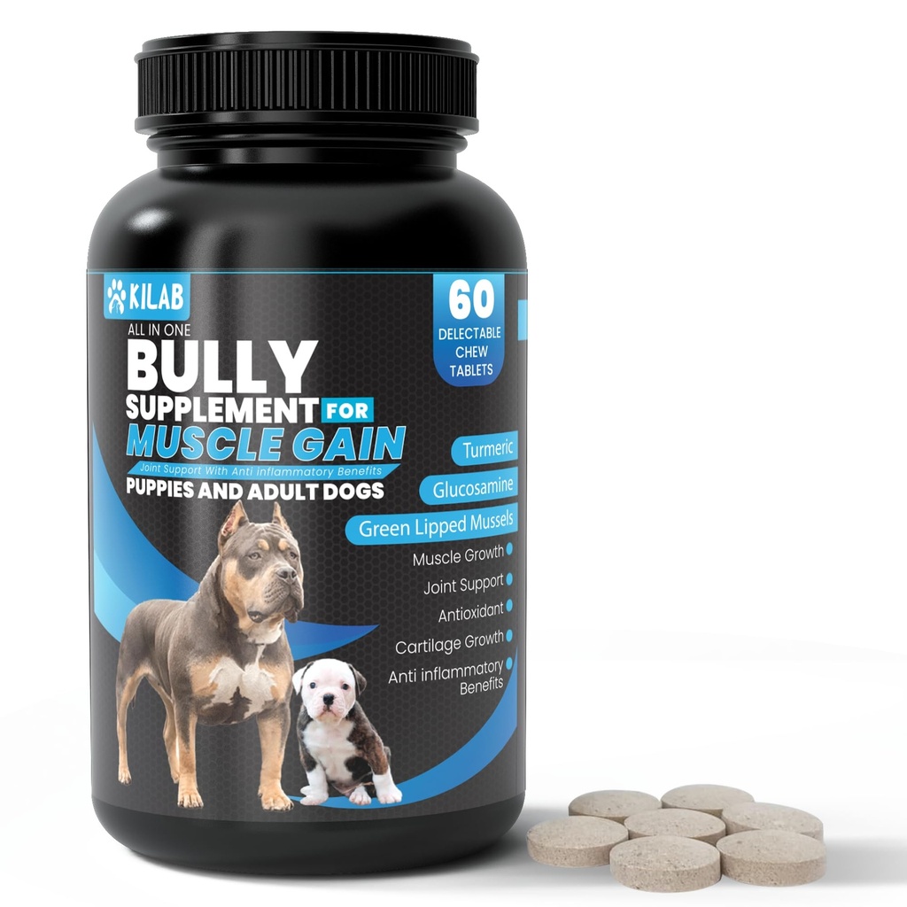 Kilab Dog Weight Gainer – 60-Count Muscle Builder Dog Supplement – Lihaste Kasvu Täiendus Koertele, Kutsikatele ja Täiskasvanutele – Bully Growth Formula kurkumi, Glükosamiini, Rohelise Lipped Rannad