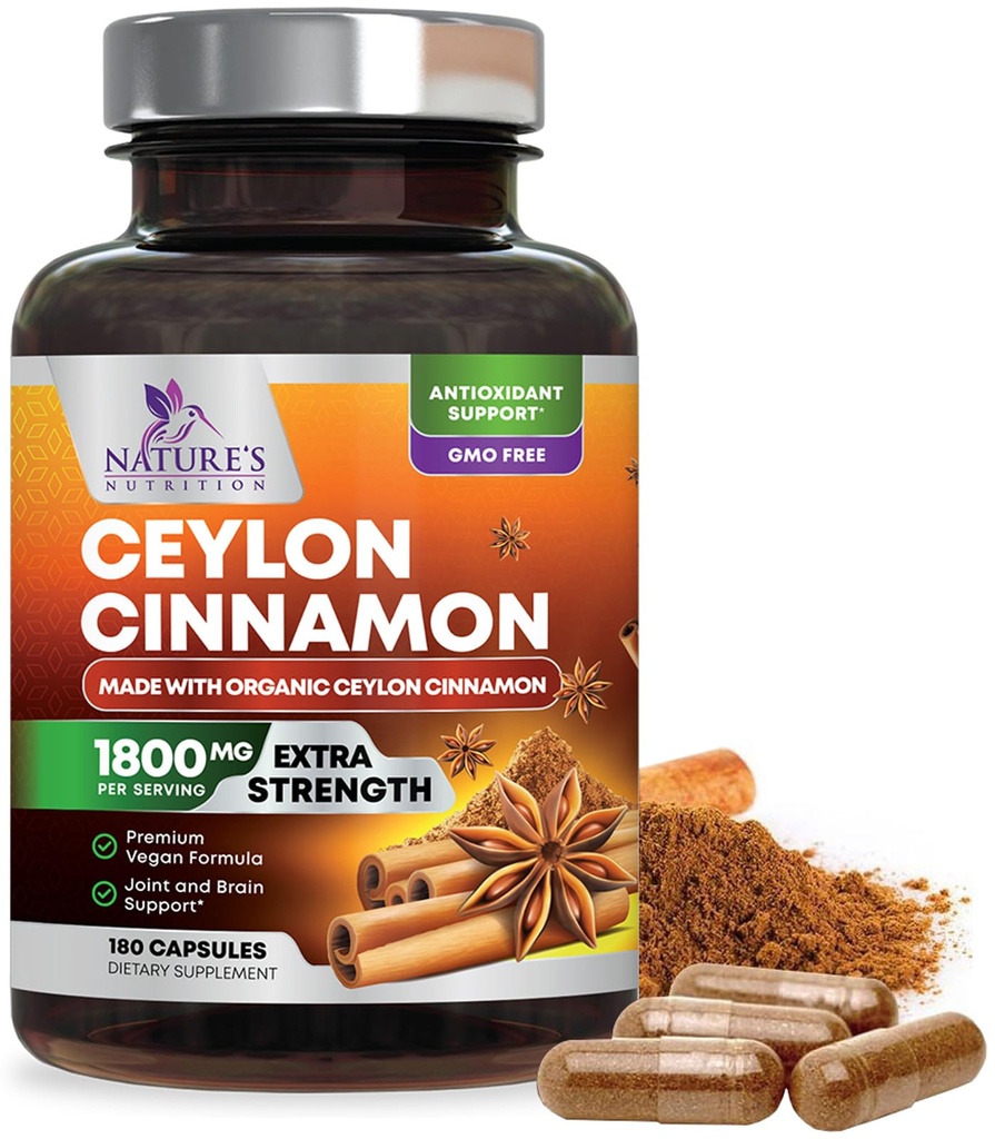 Orgaaniline Ceyloni kaneeli täiendus 1800mg - sertifitseeritud orgaaniline Ceyloni kaneelipulber pillid - energia ja südame toetus naistele ja meestele, villitud USAs, antioksüdant, gluteenivaba, mitte-GMO - 180 kapslit