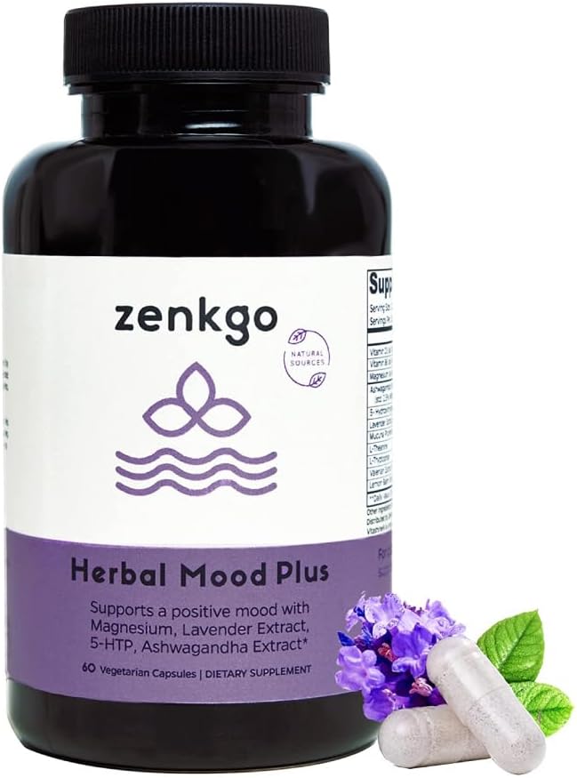 Zenkgo Ashwagandha, 5-HTP, lavendel, mukunja, L-trüptofaan - meeleolutoetuslisa, taimepõhine, taimse meeleolu pluss aitab rahuliku meele ja stressi leevendamisel, emotsionaalset häbistamist, positiivsust (60Ct / 30Day)
