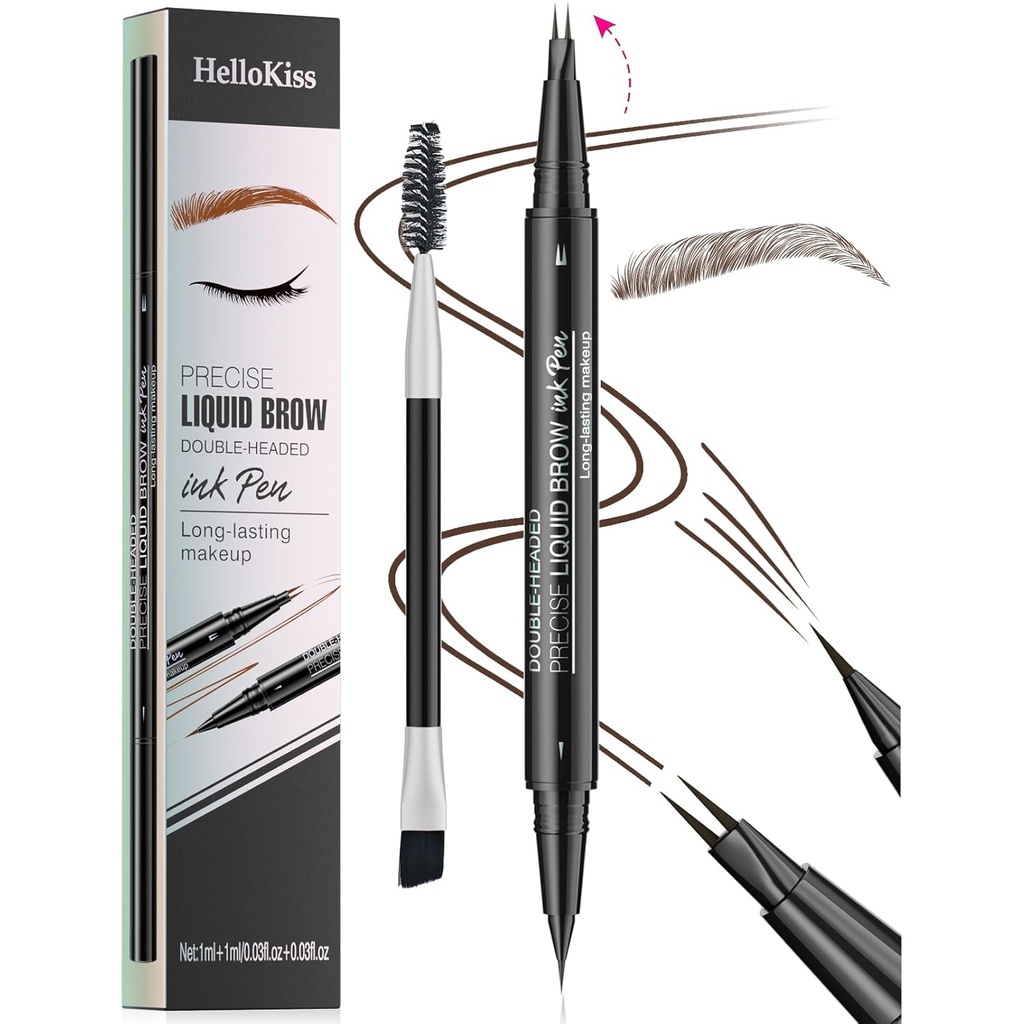 9708 2-Tip Double-Ended Eyebrow Pen, 2-in-1, kulmuharjaga. Veekindel ja higitõestus, täpne vedel kulm, 5 varjundit, pikaajaline (3#Dark Brown)