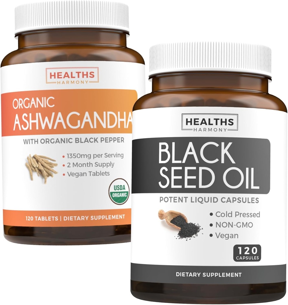 Bundle of Black Seed Oil & Organic Ashwagandha - Renew & Recharge Bundle - Black Seed Oil - 120 Soft-geel Kapslid (Non-GMO & Taimetoitlane) ja Orgaaniline Ashwagandha Root Powder 1350mg serve (120 tabletti)