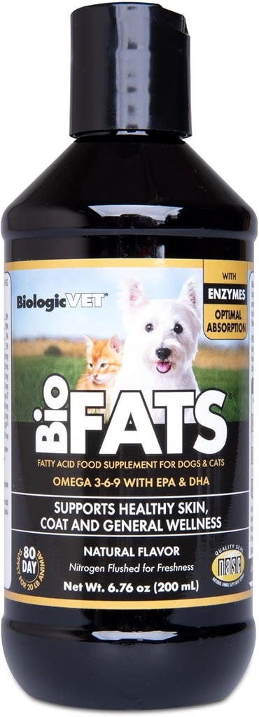BiologicVET BioFATS - Sisaldab Omegas 3, 6 & 9 - EPA, DHA & ALA - koerale ja kassile - naha ja liigese tervise tugi - Sisaldab kala, linaseemne ja oliiviõli - 6,76 fl. oz.