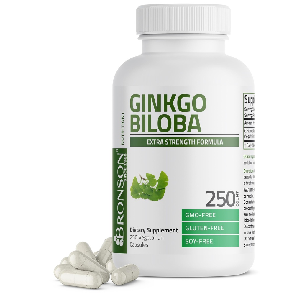 Bronson Ginkgo Biloba Extra Tugevus Toetab Aju Funktsiooni Ja Mälu Tugi, 250 Taimekapslit