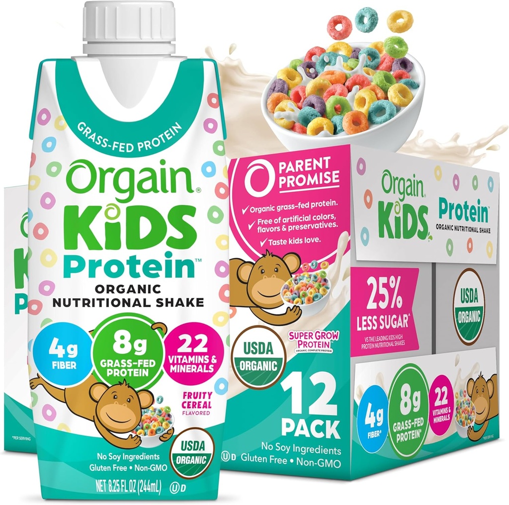 Orgaanilised lapsed Toitumisvalgu raputamine, puuviljane teravili - lapsed suupisted 8g piimavalguga, 22 vitamiinide ja mineraalidega, puuviljade ja köögiviljadega, gluteenivaba, sojavaba, mitte-GMO, 8.25 Fl Oz (12. pakk)