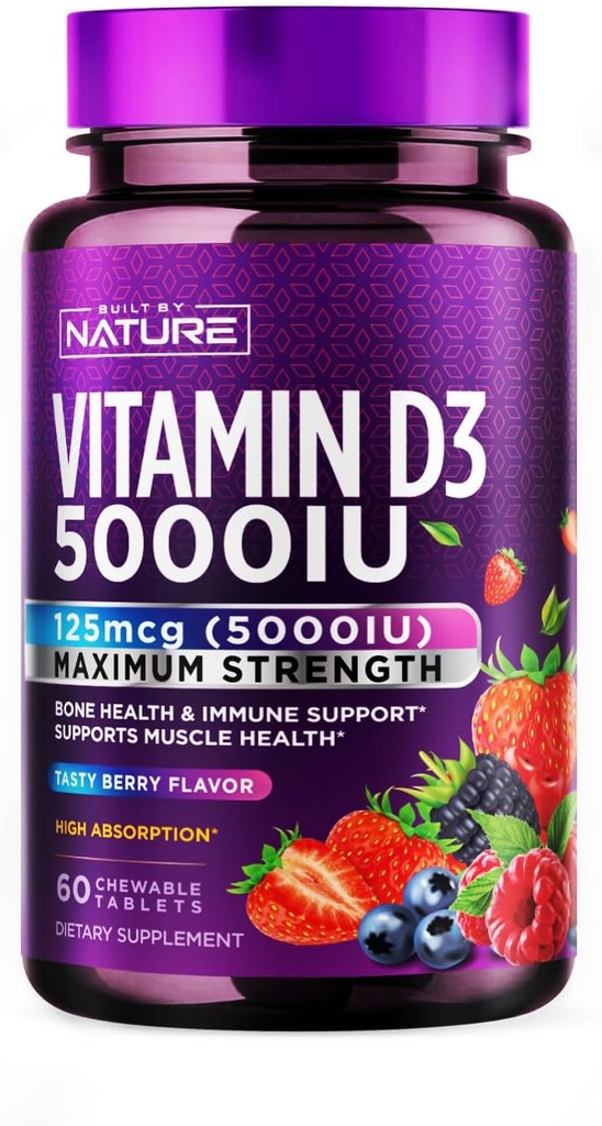 Ehitatud looduse närimiseks Vitamiin D3 5000 IU - Vitamiin D Toidulisandid - Suhkruvaba ja looduslik marjamaitse - 60 tabletti