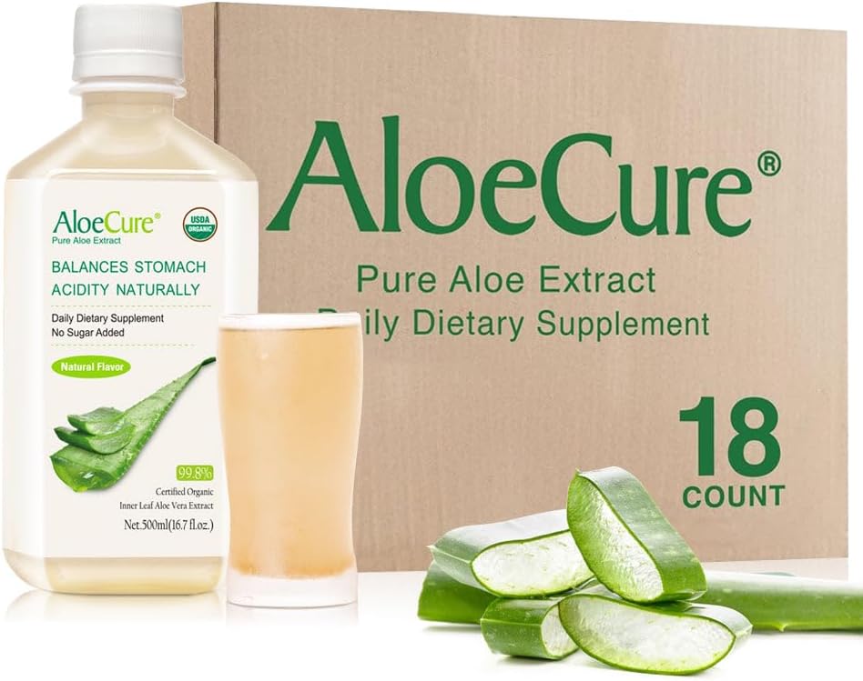 AloeCure USDA orgaaniline Aloe Vera mahl, mis on valmistatud 12 tunni jooksul saagikoristusest - puhas Aloe mahl Looduslik seeditav lisand seedimist, immuunsüsteemi ja tasakaalustatud kõhuhapet, 18 x 500 ml pudelid