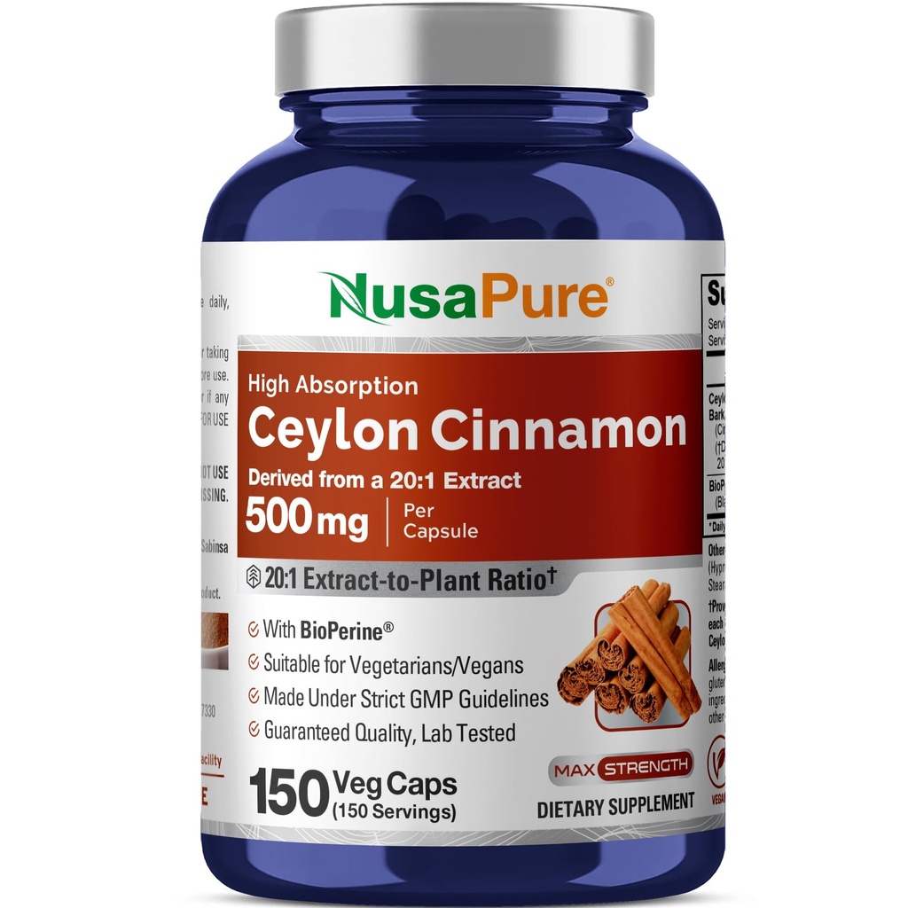 NusaPure Ceylon Cinnamon20: 1 Ekstrakt , 500 mg , mis vastab 10 000 mg kapslile | 150 Veggie kapslit | Mitte- GMO , vegan bioperiiniga