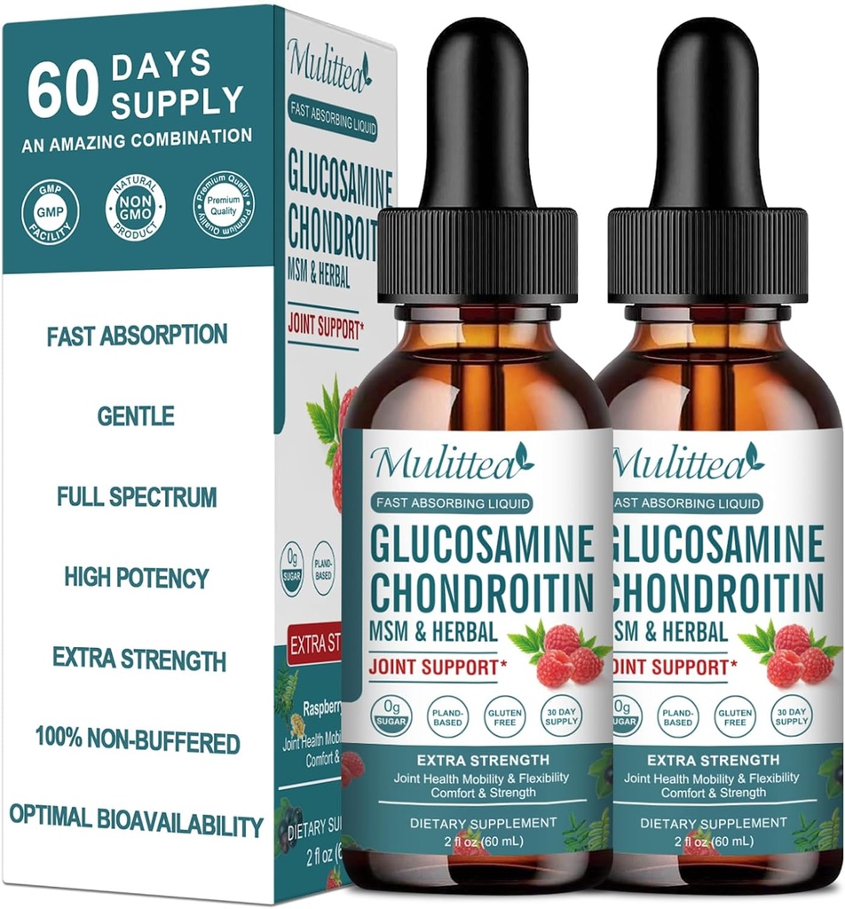 (2 Pack) Glükosamiin Kondroitiin MSM Vedel tilgad - ekstra tugevusega ühine tugilisa leedrimarja, boswelia, bromelaini, hüaluroonhappega - Antioksüdantne immuuntoetus täiskasvanutele, meestele ja naistele