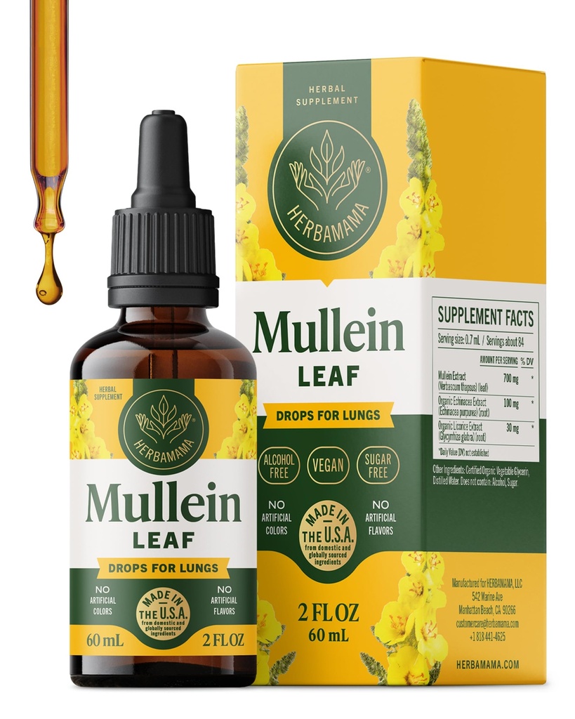 HERBAMA Mullein tilgad kopsudele - Vegan Mullein Leaf ekstrakt kopsude puhastamiseks - mitte-GMO, alkohol ja suhkruvaba hingamisteede lisand, 28-päevane pakkumine