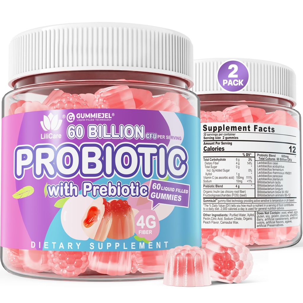 2Pack probiootikumid + prebiootikumid Gummies Sugar Free 60 miljardit CFU, 11 tüve probiootikumid Täidetud kummid naistele Mehed Seedetrakti Tervis ja soolestiku Tervis, toetab kõhukinnisust, kõhulahtisust, gaasi ja pulbitsemist