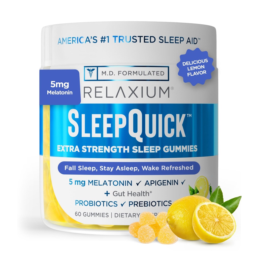 Relaxium Sleep Quick Gummy, Sleep Aid Support, 5 mg melatoniin, vitamiin D-3, prebiootiline ja probiootiline segu, Gluteen & Drug Free, Sidrun Maitse, 60 Gummie