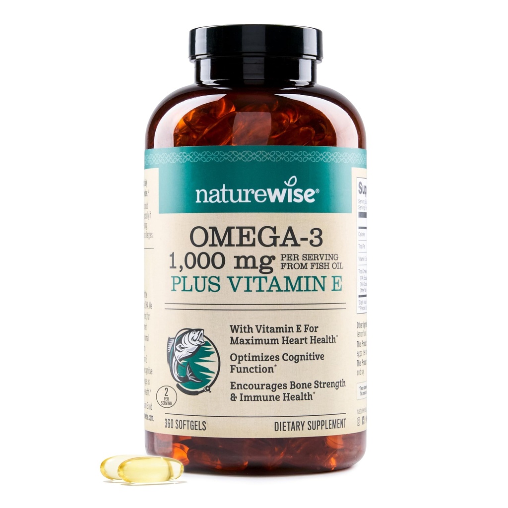 NatureWise Extra-Strength Omega 3 kalaõli lisand - 1000mg ühe serveerimise kohta - 600 EPA & 400 DHA ja E-vitamiin - südame ja aju tervise toetamine - Sidrunimaitse, GMO-vaba - 360 Softgels[6 kuu pakkumine]