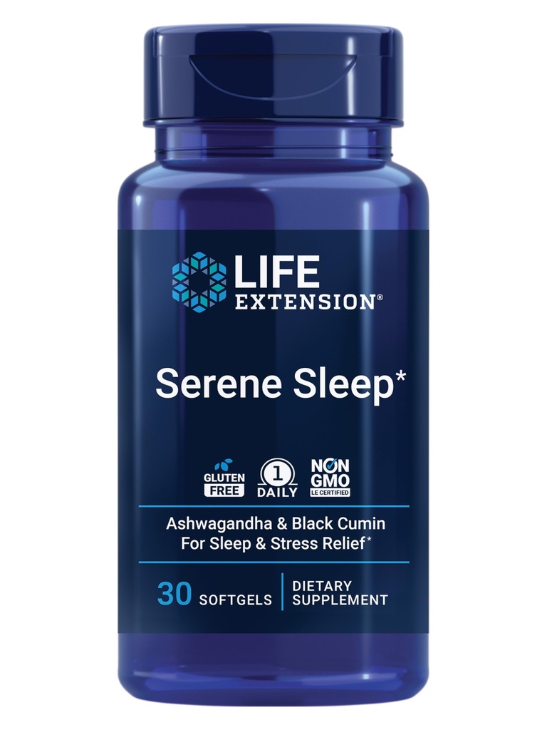 Elu pikendamine Serene Sleep - Ashwagandha, Black Cumin - Une lisand, rahu, lõõgastav, unetugi ilma melatoniinita - üks kord päevas, gluteenivaba, mitte-GMO - 30 Softgels