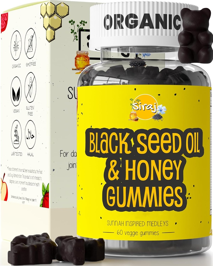 Siraj Organic Black Seed Oil Gummies w/Honey & 15% Tümokinone | Multivitamiin immuunsuse toetamiseks, stress Relief Gummy Vitamiinid | Kurkum, Õunasiidri Äädikas, Multivitamiini Kummid