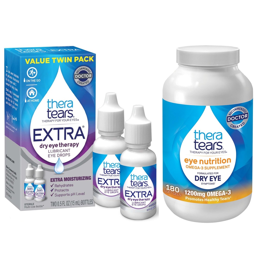 TheraTears 1200mg Omega 3 toidulisand silmade toitumiseks, orgaaniline linaseemne triglütseriidide kalaõli ja E-vitamiin, 180 krahv Thera pisarad silmatilgad kuivadele silmadele, 0,5 Fl Oz, 15 Ml, 2 Pack