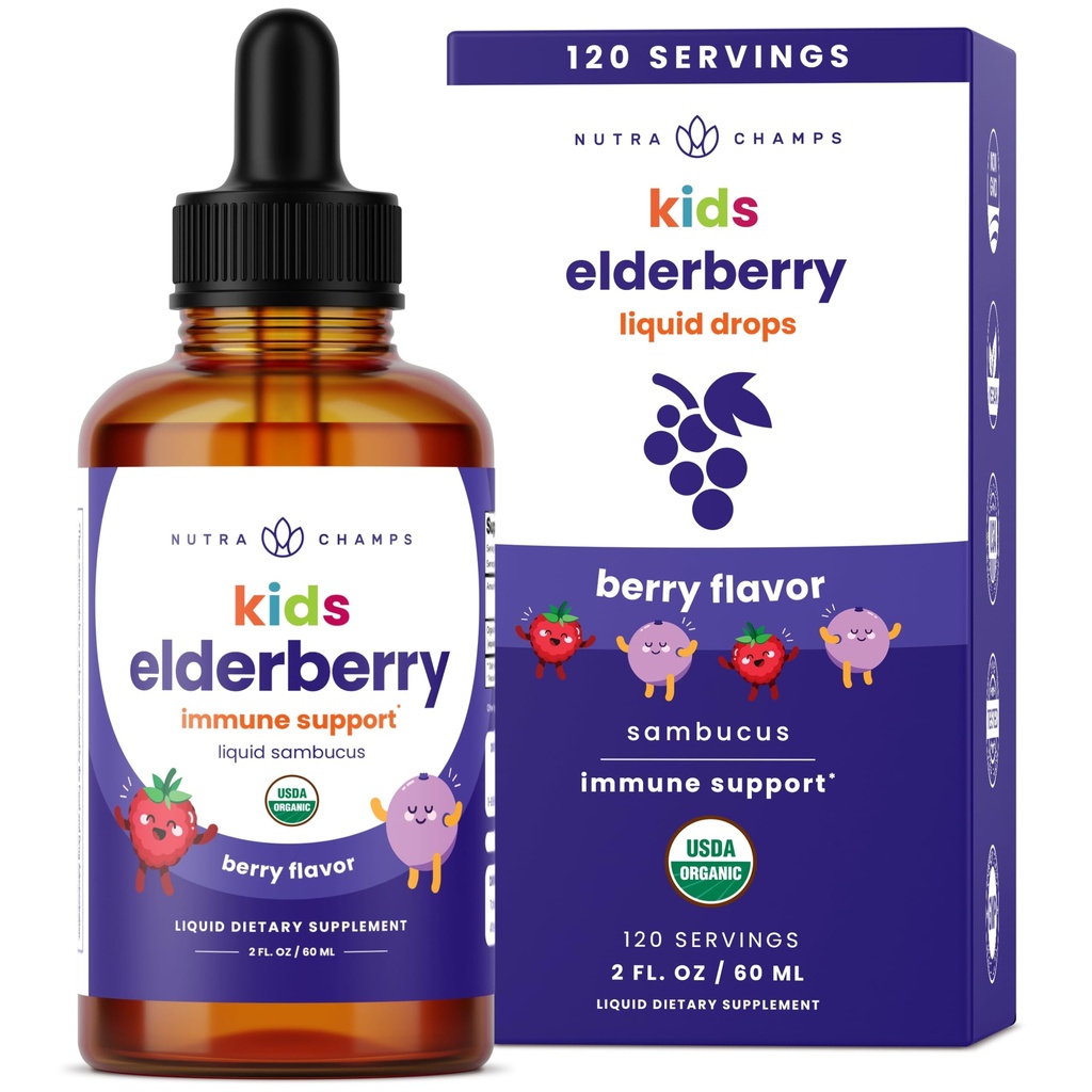 NutraChamps Black Elderberry lastele Vedelad tilgad, 10: 1 Väljavõte Sambucus Elderberry Syrup lastele, Suhkruvaba Euroopa Elderberry tilgad Marjamaitse, Immune Support, 4 kuu pakkumine