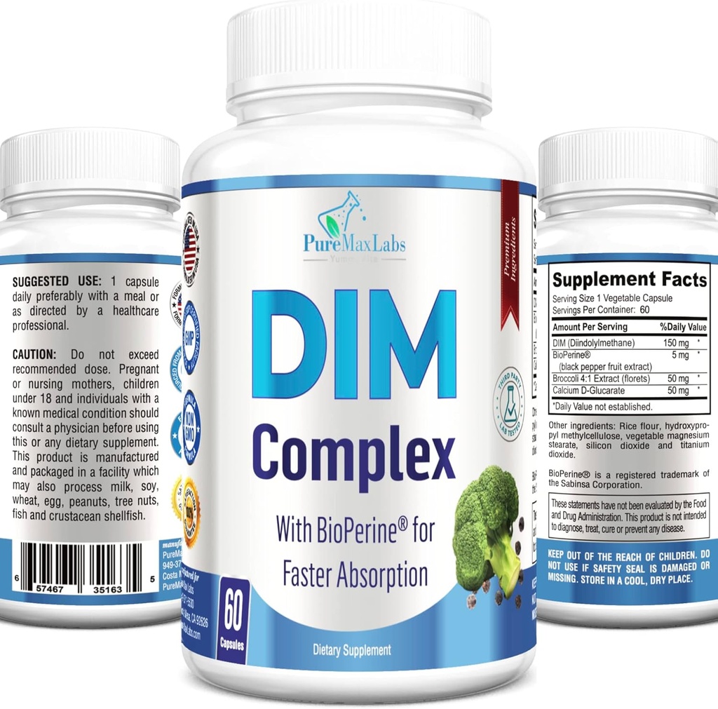 DIM täiendus - 150mg DIM (diindolüülmetaan), brokoli, kaltsium D-glükoraat ja bioperiin - hormoonide tasakaal meestele ja naistele, östrogeen, menopausi tasakaal - 60 kapslit