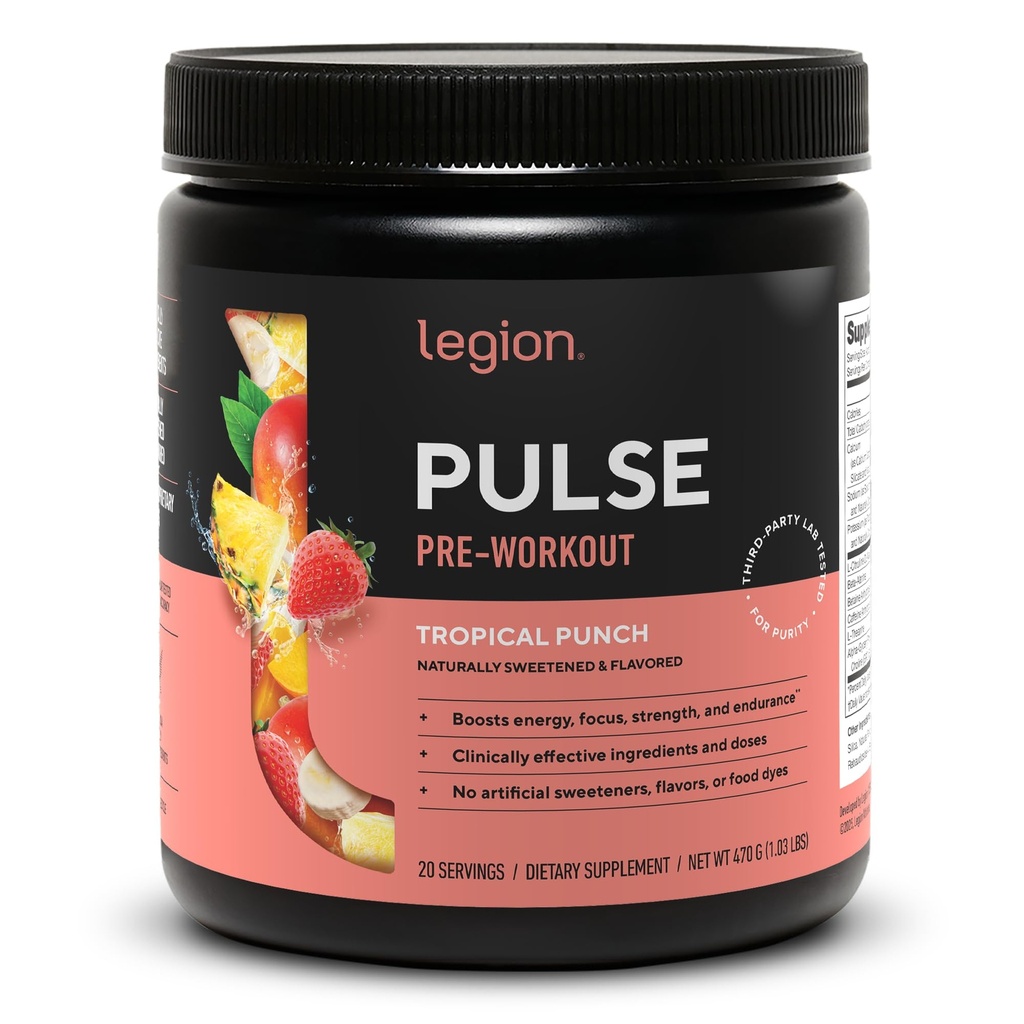 LEGION Pulse Pre Workout - kõik looduslikud lämmastikoksiidi ettevalmistusjoogid energia suurendamiseks, kreatiinivaba, looduslikult magustatud, beeta-alaniin, tsitrulliin, Alpha GPC (troopiline punch)