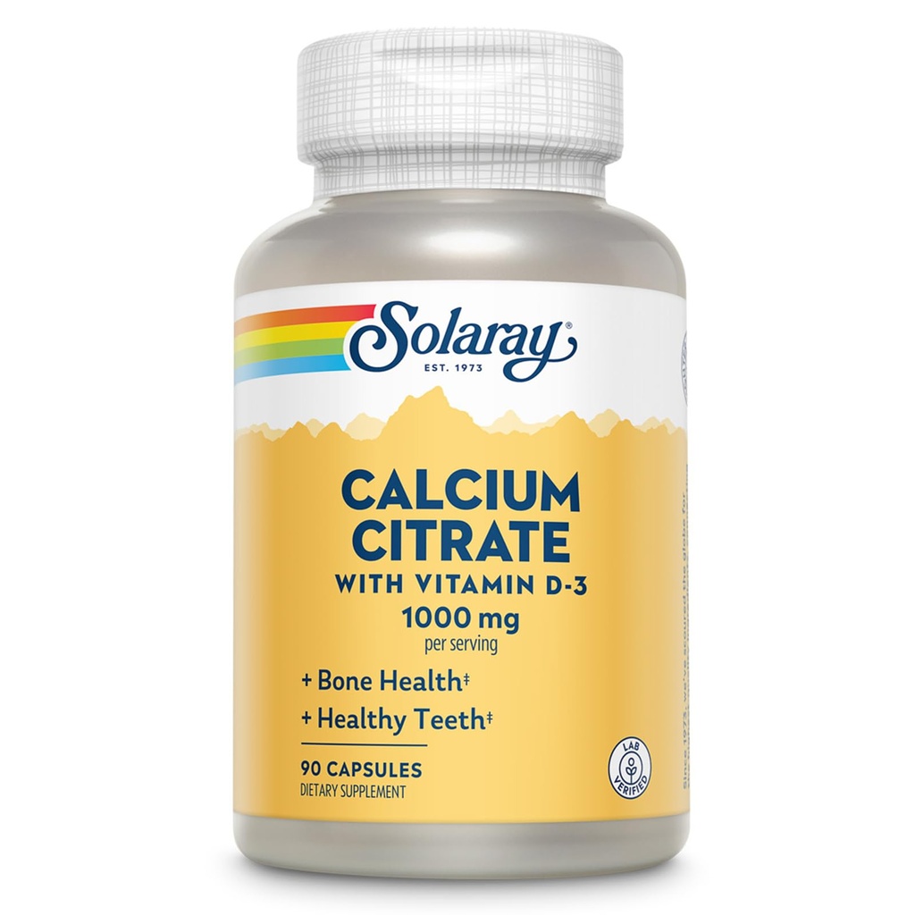 Solaray Kaltsiumtsitraat vitamiin D3 1000mg - Luu tugevus ja tervete hammaste tugi - õrn seedimine valem - Lab kontrollitud, 60-päevane garantii - 15 serveerimist, 90 kapslit