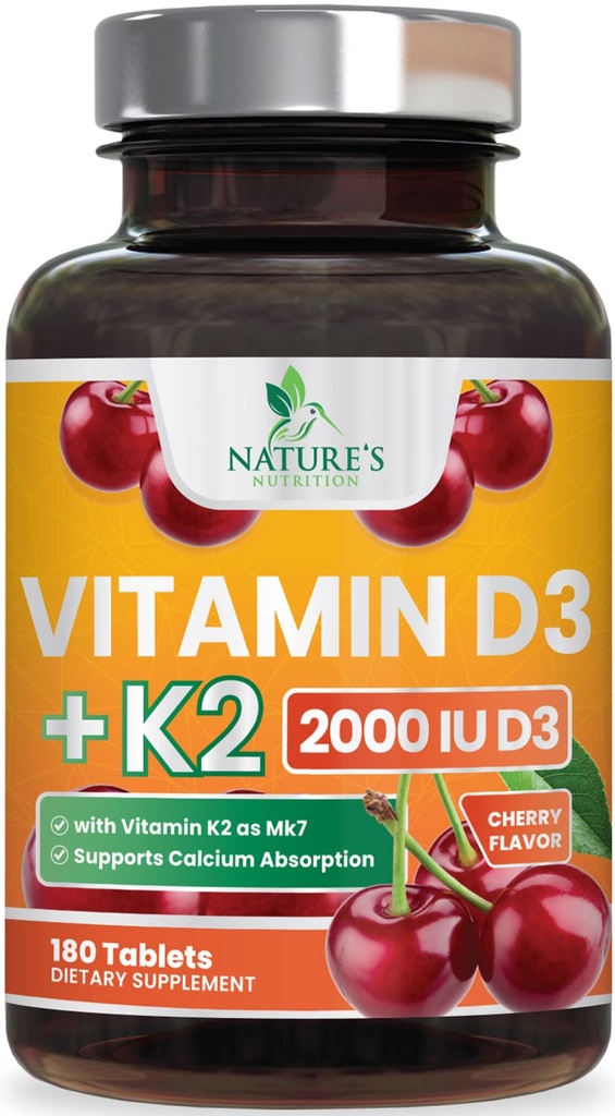 Vitamiin D3 K2 2000 RÜ Plus koos K2-ga (MK-7) 75 mcg - vitamiinid D & K komplekslisa luudele, hammastele, lihastele, kaltsiumi imendumisele, toetab immuunsüsteemi ja südame tervist, mitte-GMO närimisvorm - 180 tabletti