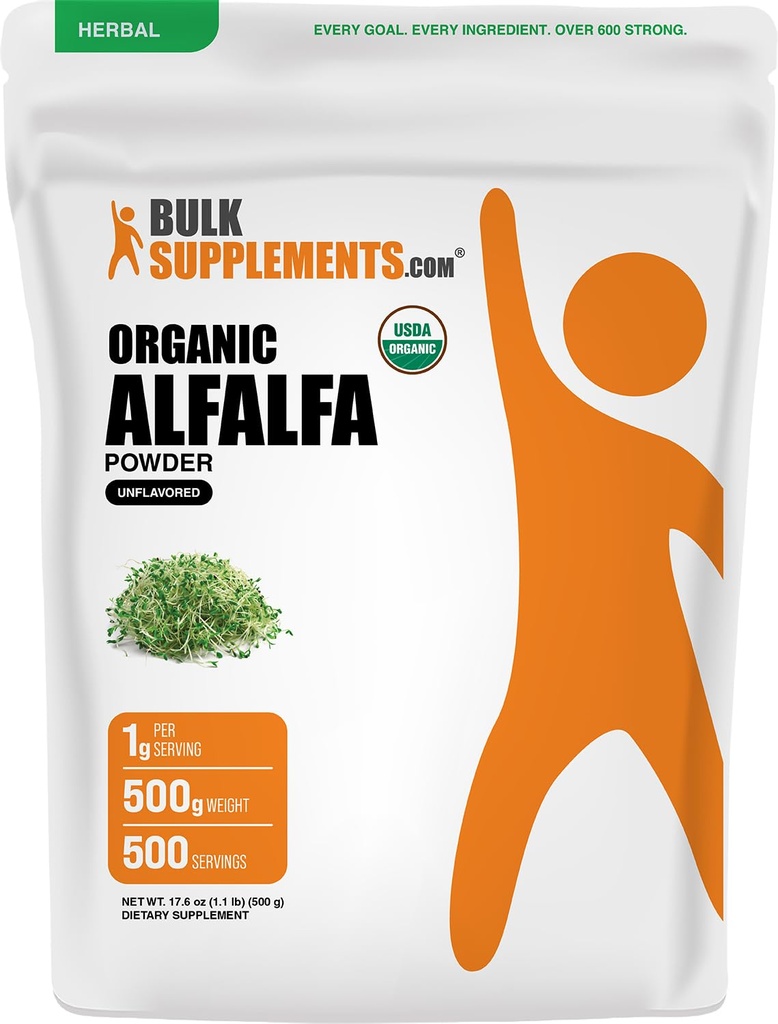 BulkSupplements.com Orgaaniline Alfalfa Grass Powder - Alfalfa Supplement, Green Superfood Powder - Vegan & Gluten Free, 5 g per Serving, 500g (1,1 naela) (pakk 1)