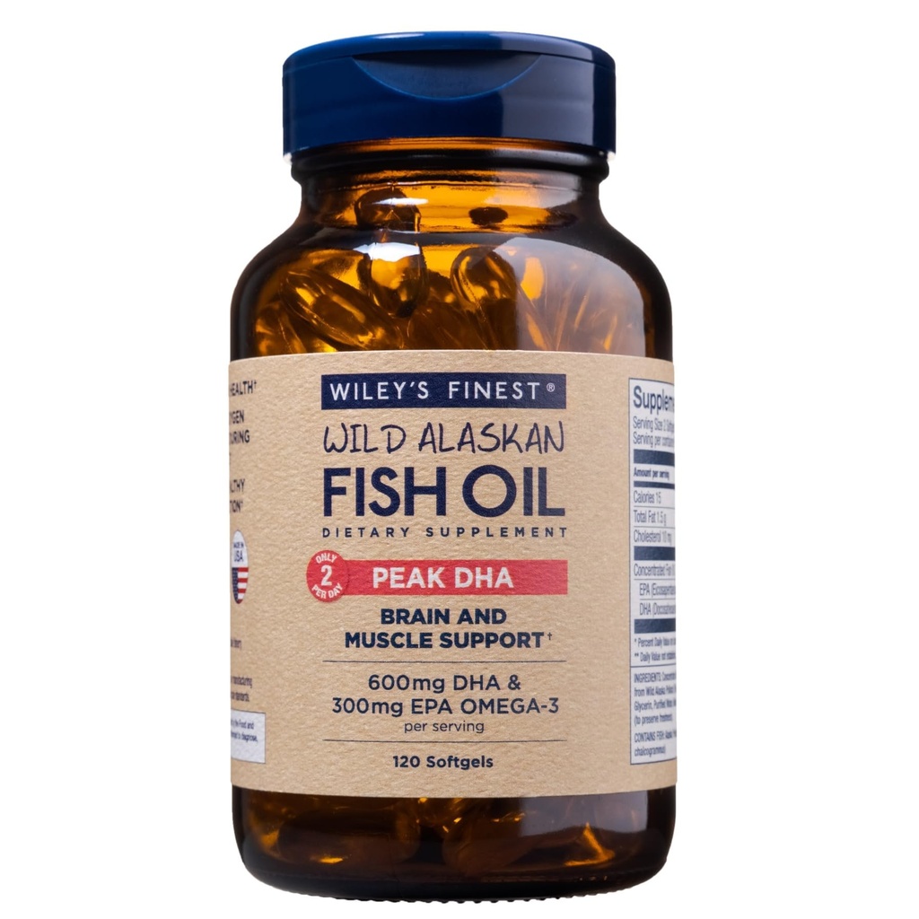 Wiley's Finest Wild Alaskan Fish Oil Peak DHA - 900mg EPA ja DHA Omega-3s - 120 Softgels (60 Servings)