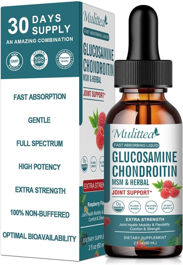Glükoosamiin Kondroitiin MSM Vedel tilgad-w/Elderberry, Boswelia & Hüaluroonhape-Extra Tugevus Liitlisa mobiilsuse, paindlikkuse ja luude jaoks, Suur imendumine, 60 ml (2 fl oz)