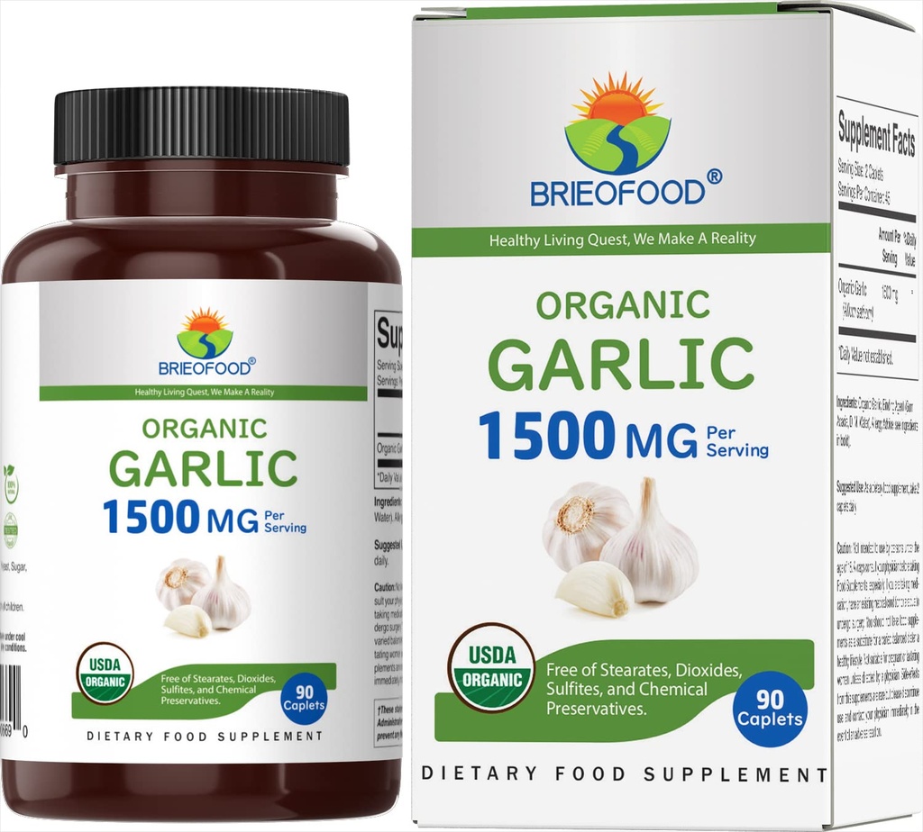 Brieofood Organic Küüslauk 1500mg, 45 Servings, Taimetoitlane, Gluteenivaba, 90 Taimetoitlane tablett