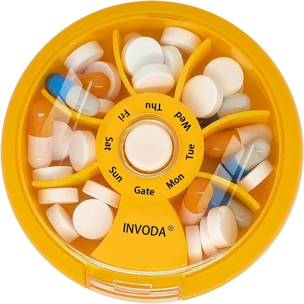 INVODA NÄDALA Pilli Korraldaja 7 Komposiit Pöörlevad pillid Karp igapäevaseks raviks ja vitamiinid - Portable Travel Pill Case Fish Oil Supplements Vitamiinid Organizer (Orange)