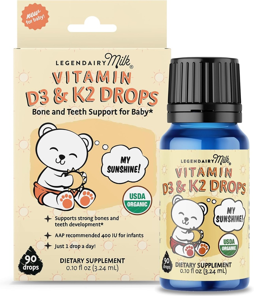 Legendairy Milk Organic Baby Vitamiin D3 K2 Vedelad tilgad, 400 IU D-vitamiini tilgad imikutele K2 tilgad, D-vitamiini tilgad vastsündinutele, väikelastele ja lastele, Vegan, 90 tilka vedelikku