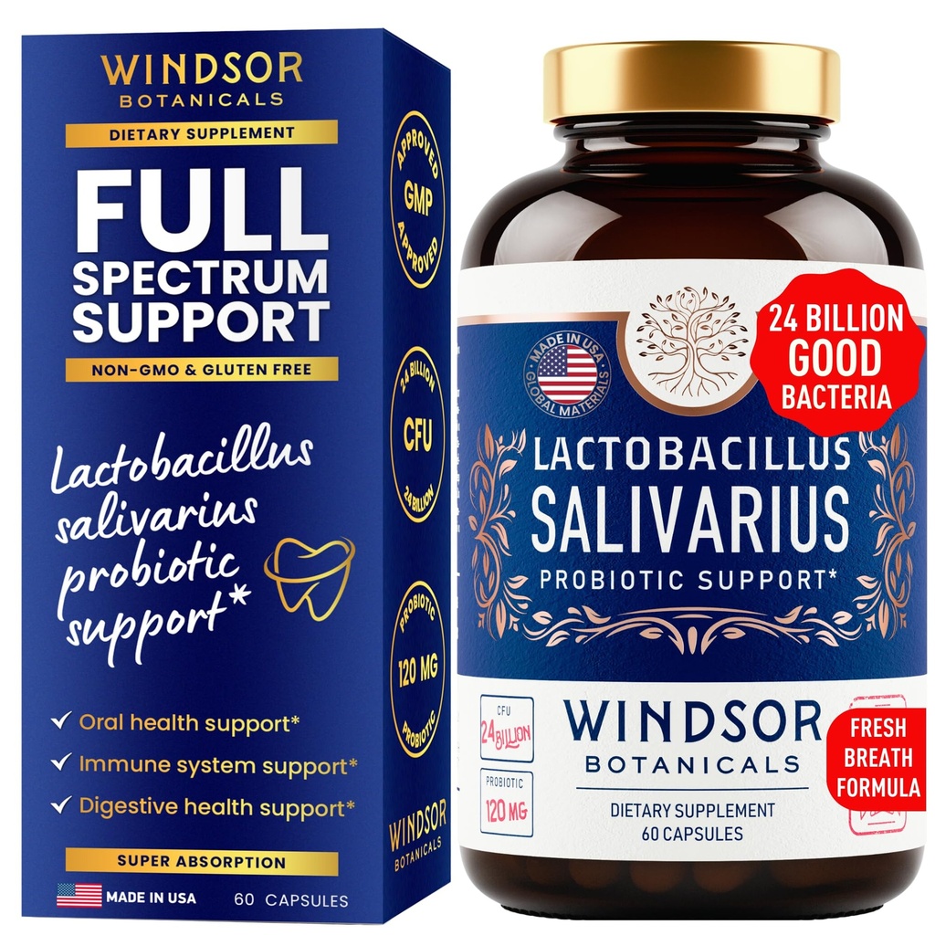 Lactobacillus Salivarius probiootikum - 24 miljardit CFU L Salivarius Hambaprobiootikumid hammastele ja igemetele - täiskasvanute halva hingamise ravi, immuunsuse tugi, seedetrakti tervis - 60 suukaudset probiootilist kapslit