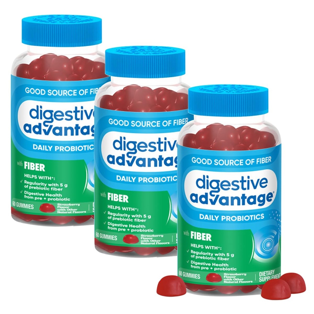 Digestive Advantage Prebiotic Fiber Supplement Strawberry Flavor Gummies with Probiotics for Women & Men Digestive Health, Adults Regularity and Gut Health, 60 Count (3 Pack)