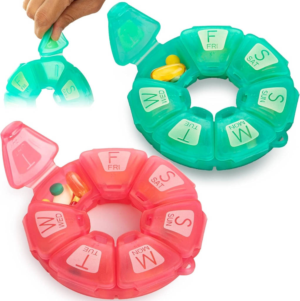 Round Weekly Pill Organizer, TPU Rubberized, Travel Pill Container 7 päeva, 7 suurt koosseisu, Cute Pill Case suurte tähtedega ja Braille (2 tk Green Rose)