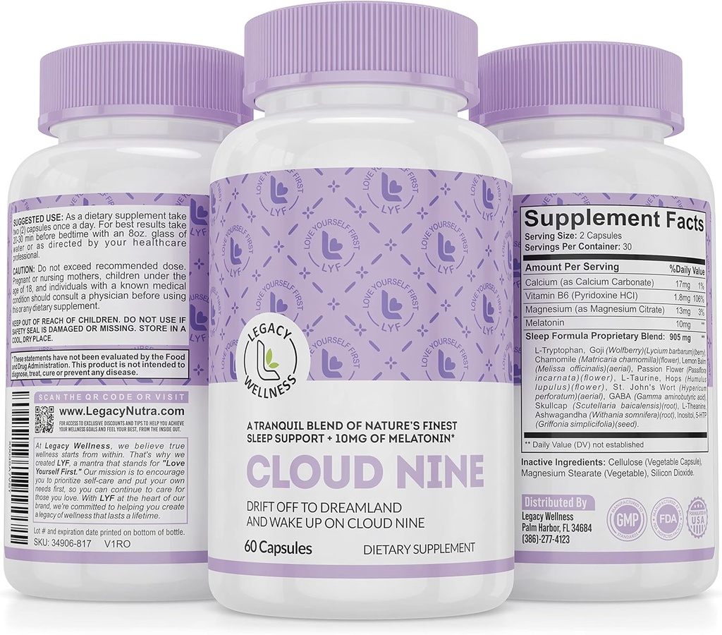 Cloud 9 - Kõik Natural Sleep Aid Supplement - Lõõgastav Vitamiin ja Taimne valem - 10mg Melatoniin Kaltsium Magnisium L-Theanine 5-HTP GABA St. John's Wort Ashwagandha Chamomile & More 60 Vegan kapslit