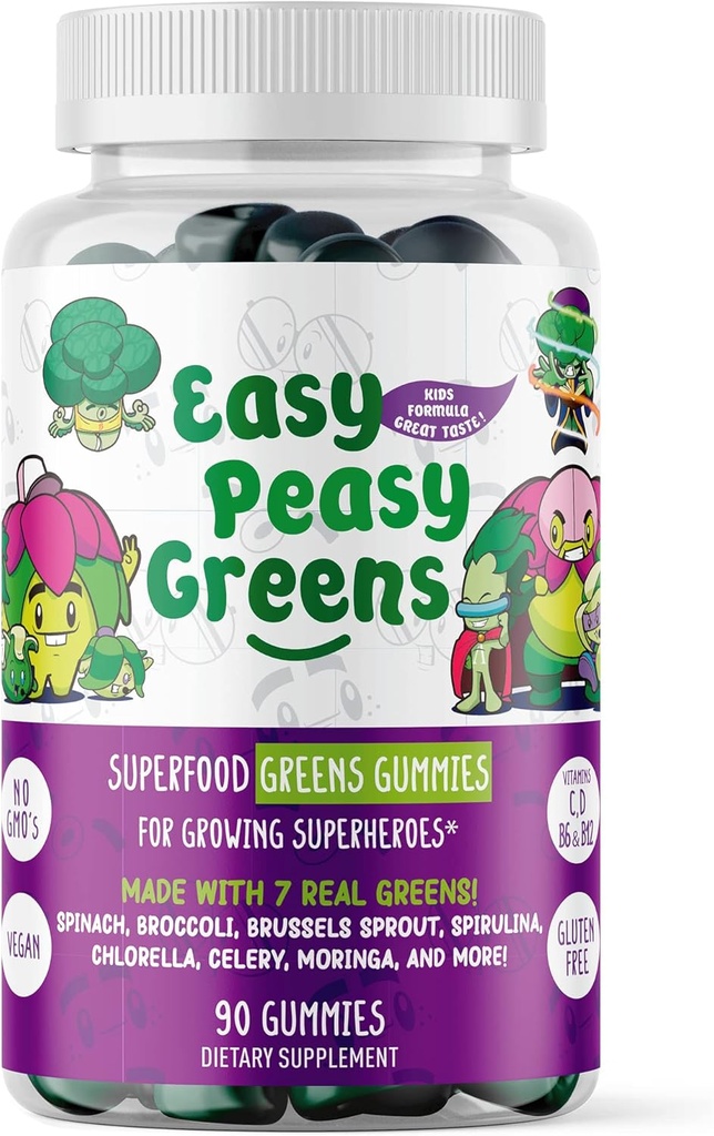 EasyPeasyGreens Daily Veggie Gummies for Kids - 90 Greens Gummies - Aitab Picky Eaters Get Oma Köögiviljad - Valmistatud 10 Real Köögiviljaekstrakti ja 100% Vegan