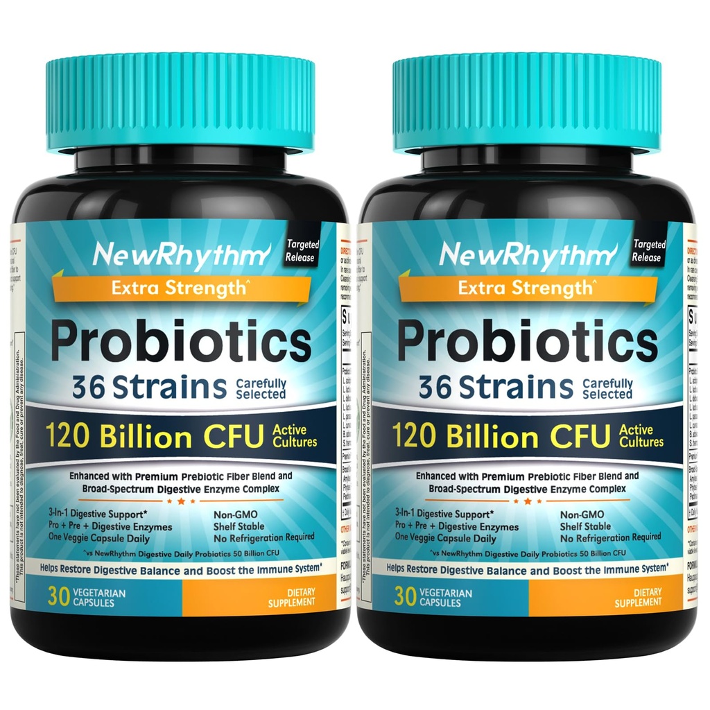 NewRhythm probiootikumid 120 miljardit CFU 36 tüved, 3-in-1 probiootikumid seedetrakti tervise ja immuunsuse toetamiseks koos prebiootikumide ja ensüümidega, probiootikumid naistele ja meestele, Vegan Sihtotstarbeline Vabastuslisa, 60ct