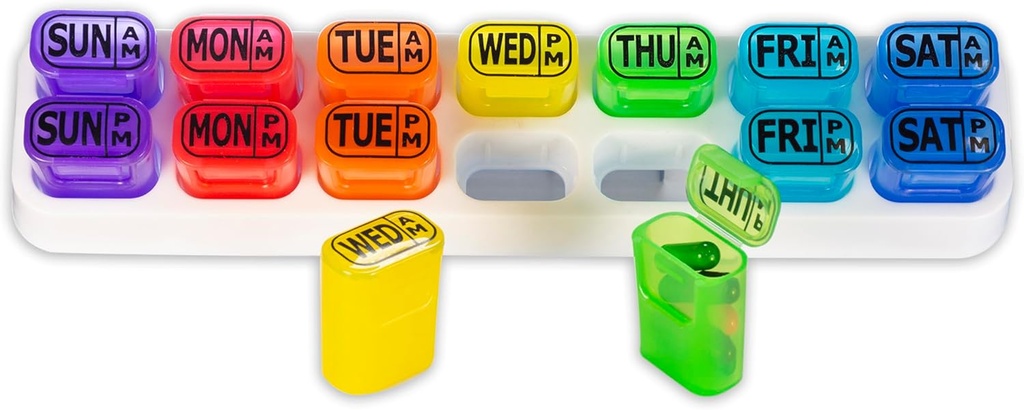 GMS Weekly Pill Korraldaja - 7 Day AM / PM Pop Out Pill Pods toidulisandeid, vitamiine ja ravimeid - ideaalne igapäevaseks kasutamiseks ja reisimiseks - Vikerkaar