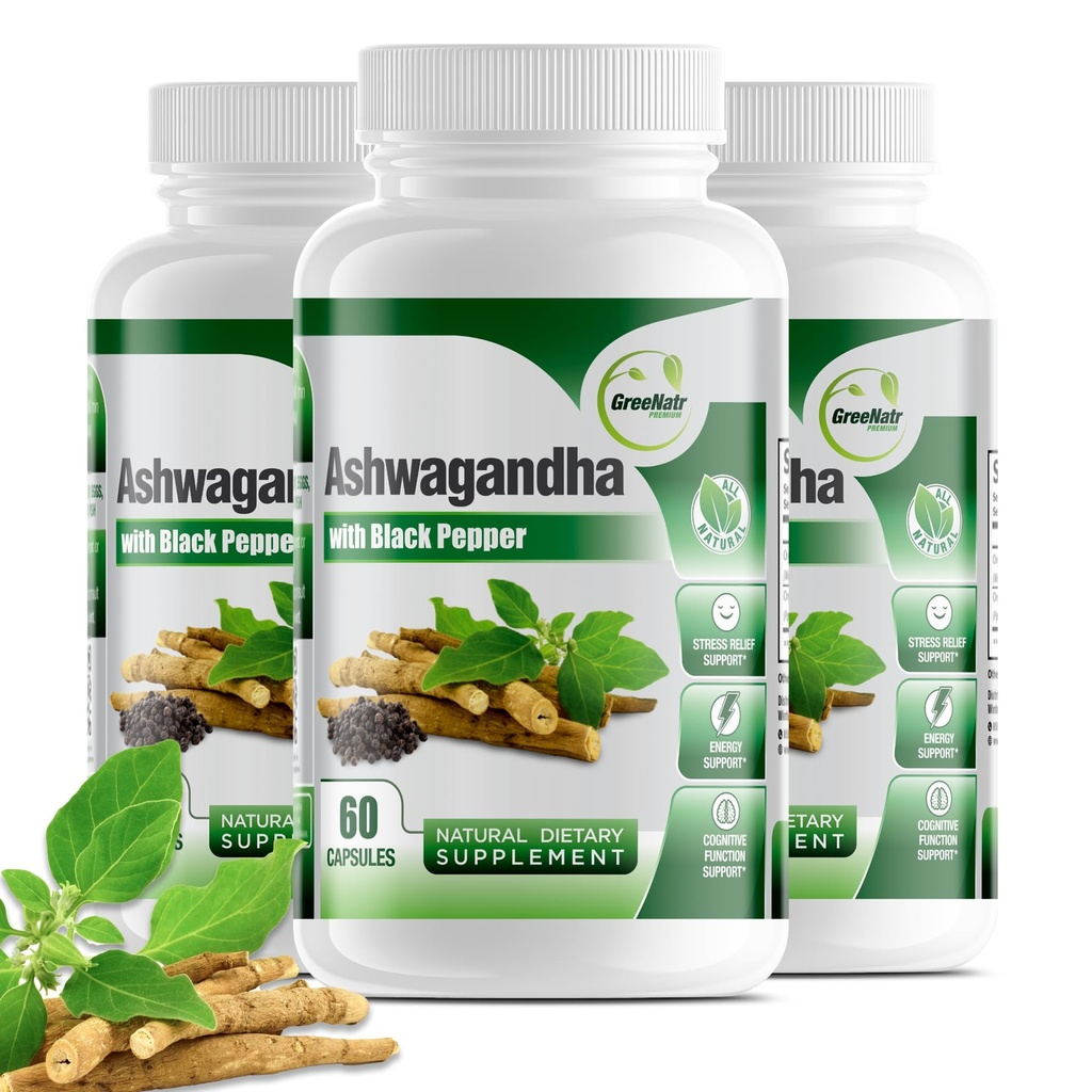 GreeNatr Organic Ashwagandha Capsules with Black Pepper for Enhanced Absorption - Mood Enhancer with Energy and Cognitive Function Support - 1300 mg Veggie Capsules (3 Bottles)