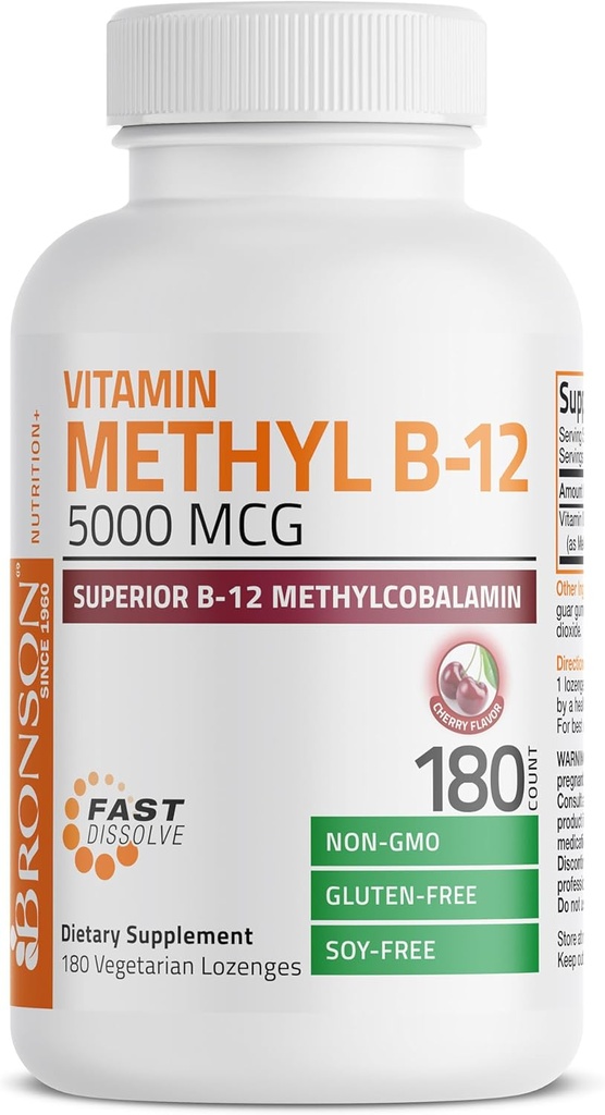 Bronson Methyl B12 5000 mcg Vitamiin B12 Methylcobalmin Energy & Brain Support, 180 Lozenges
